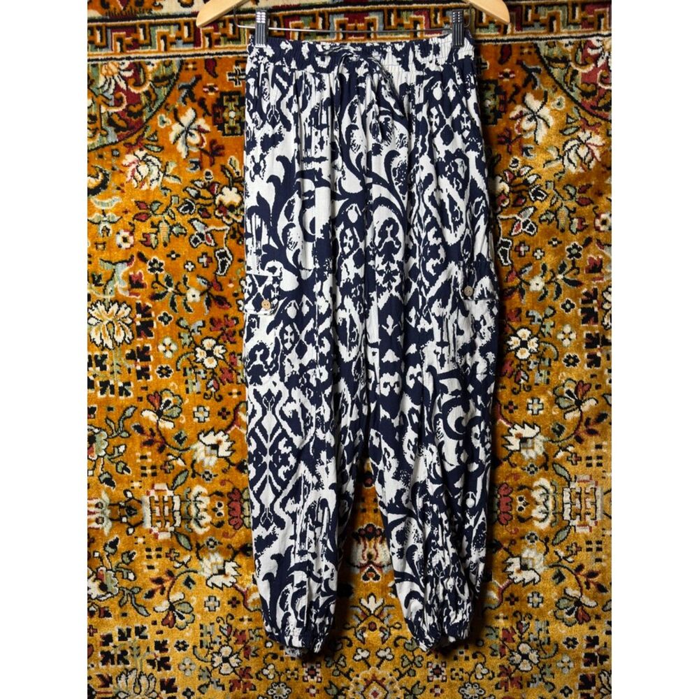 Rachel Zoe Navy + White Boho Coastal Ikat Pattern Linen Blend Harem Pants sz XS